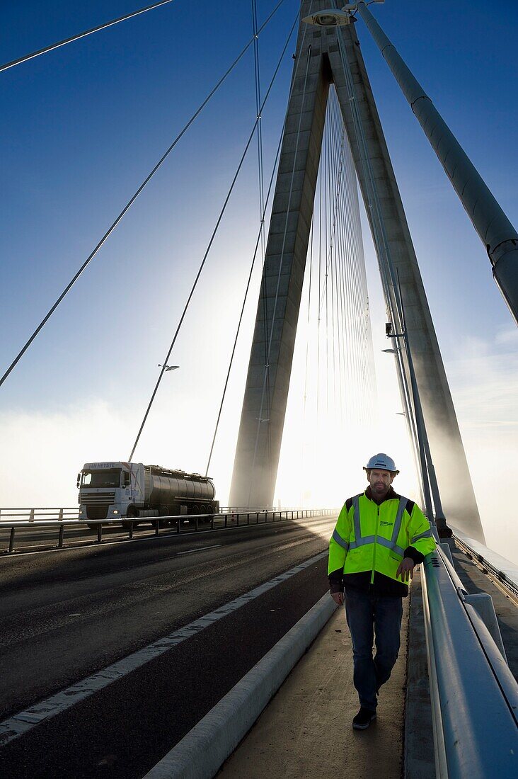 France,between Calvados and Seine Maritime,the Pont de Normandie (Normandy Bridge) spans the Seine,Julien Bérard from the technical services of the CCI Seine Estuaire