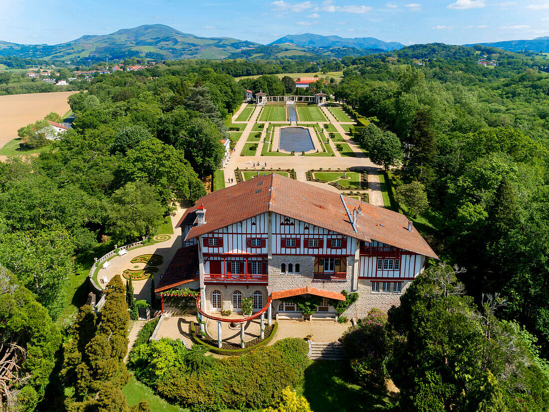France,Pyrenees Atlantiques,Basque Country,Cambo les Bains,the Villa Arnaga and its French garden,museum and Edmond Rostand house of neo Basque style (aerial view)