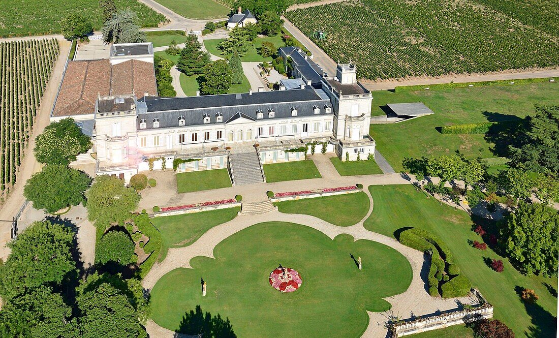 France,Gironde,Saint Julien Beychevelle,the vineyard and Chateau Ducru Beaucaillou in the Medoc,Second Grand Cru 1855 (aerial view)