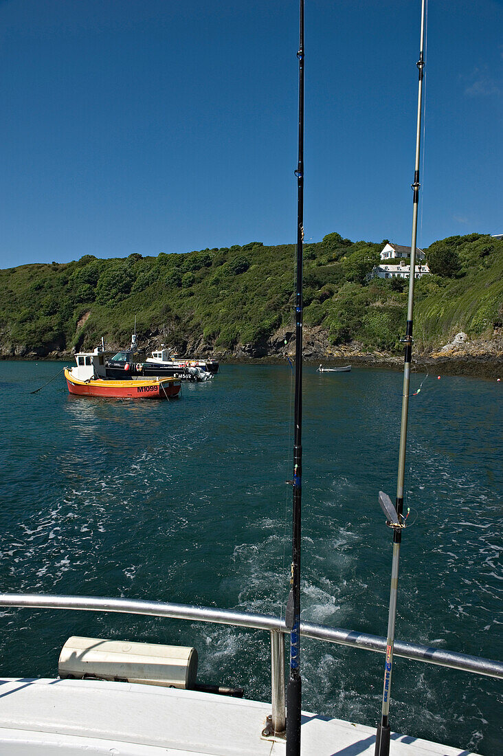 Boot fischt nach Makrelen. Vor der Küste bei Solva Harbour. Pembrokeshire. Wales. Uk.