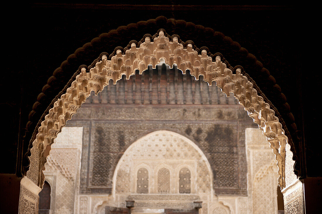 Morocco,Detail of courtyard of Medersa Bou Inania,Fez