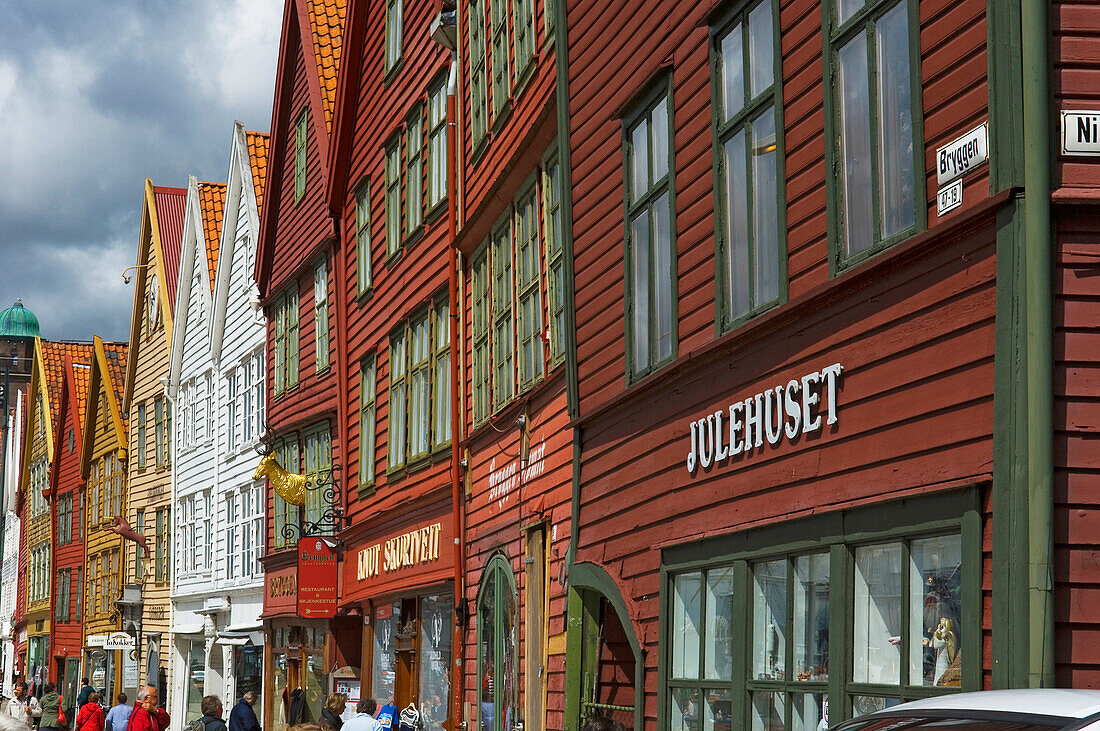 Norway,Hordaland,Bergen,Buildings along street,Bryggen