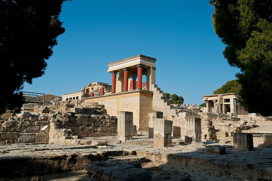 Greece,Ruins of Knossos Minoan remains with bull relief in centre,Crete