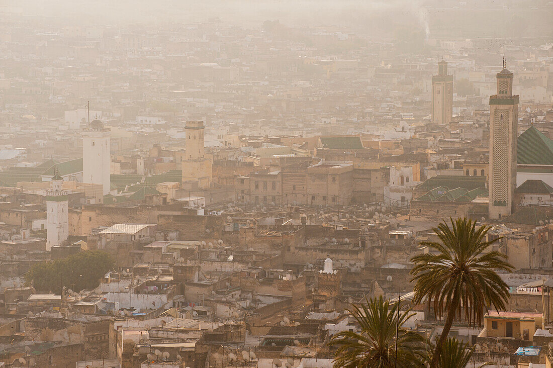 Marokko,Blick auf die Kairaouine Moschee und die Medina von Fez in der Morgendämmerung,Fez