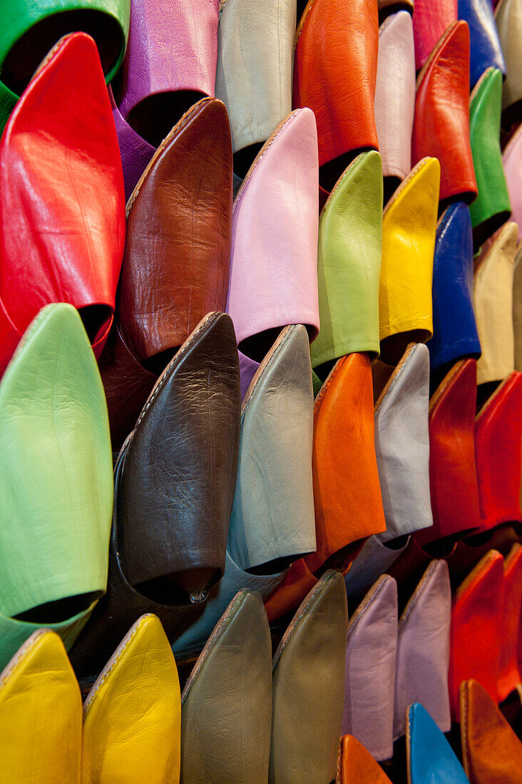 Morocco,Colorful selection of Babouche slippers for sale in souk,Marrakesh