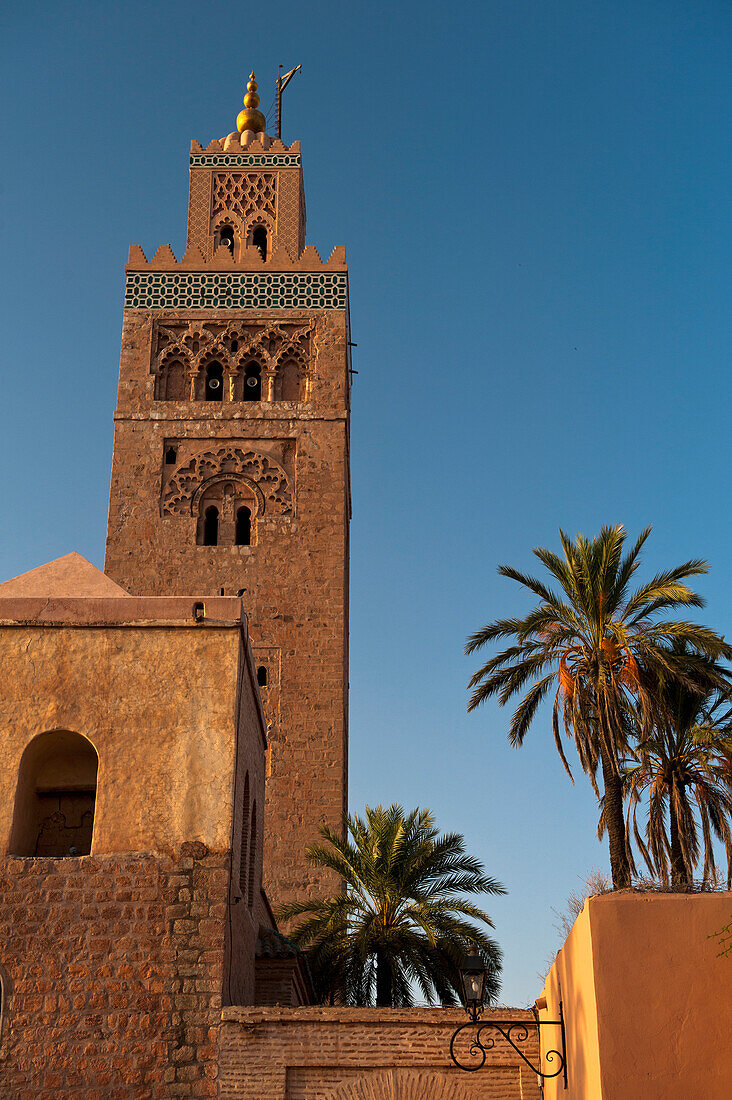 Marokko,Minarett der Koutoubia-Moschee in der Morgendämmerung,Marrakesch