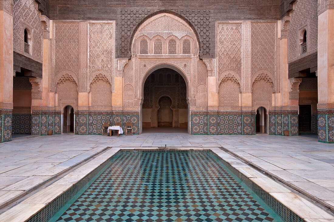 Morocco,Pool in courtyard of Ben Youssef Medersa,Marrakesh