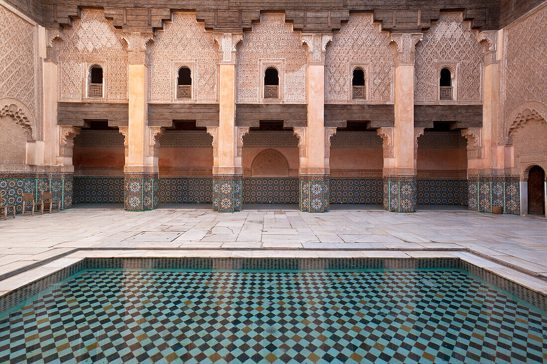 Morocco,Pool in courtyard of Ben Youssef Medersa,Marrakesh