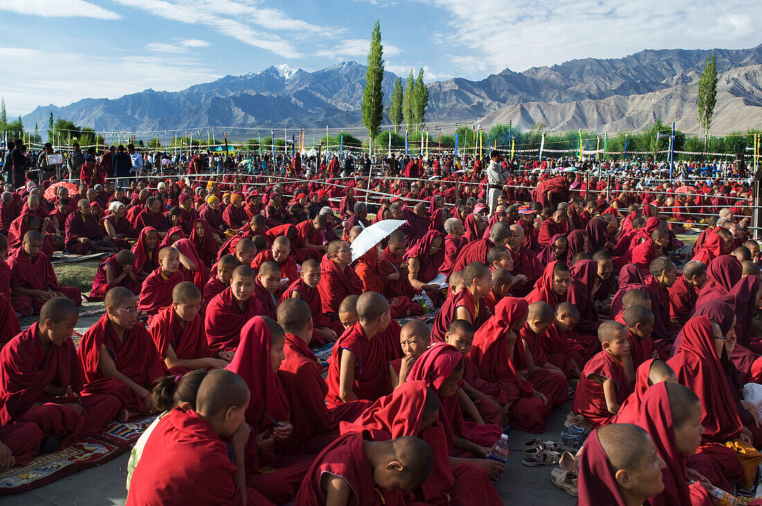 Young monks and nuns at the Dalai Lama's Teachings. The Dalai Lama visited Leh,Ladakh - a Buddhist enclave in northern India,for four days in August