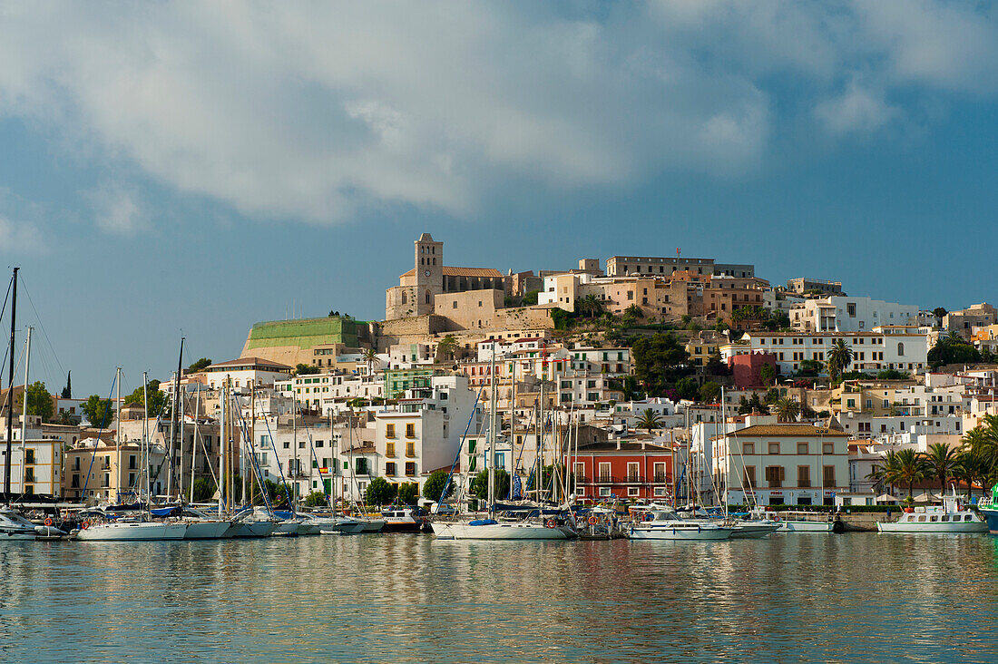 Spain,Looking across harbor to Ibiza Town,Ibiza