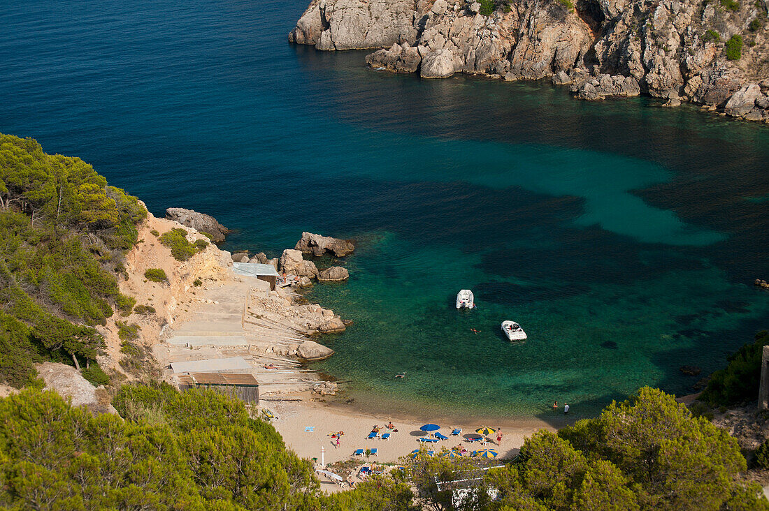 Spain,Looking down onto Cala d'en Serra beach,Ibiza