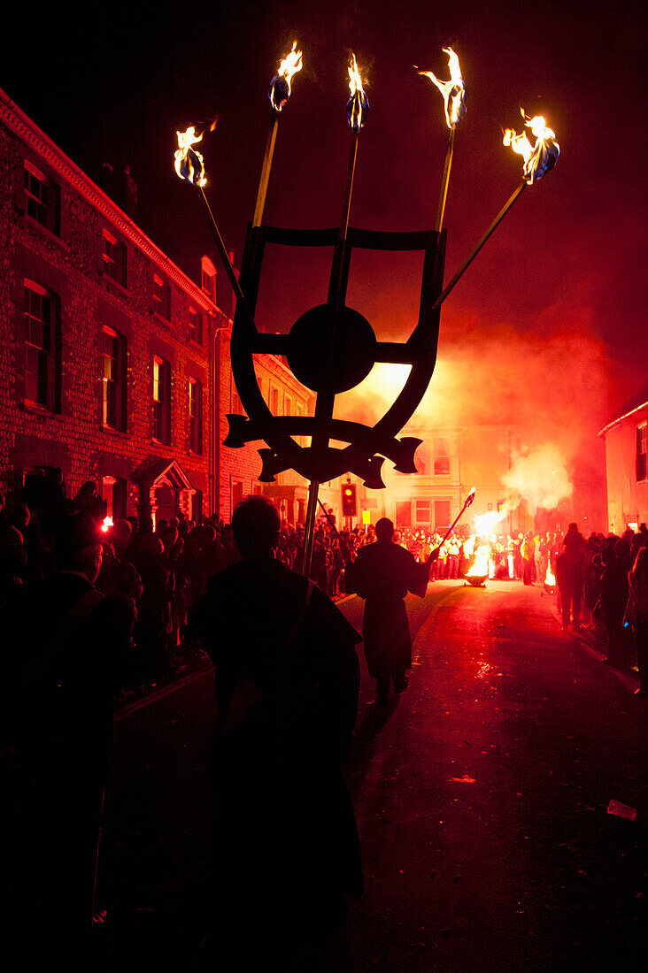 UK,England,East Sussex,People dressed as monks from Southover Bonfire Society lead Grand Procession through streets of Lewes on Bonfire night 2009,Lewes