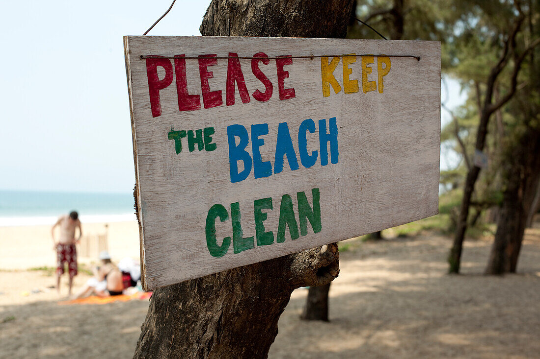 Strandschild,Turtle Beach,Goa,Indien.