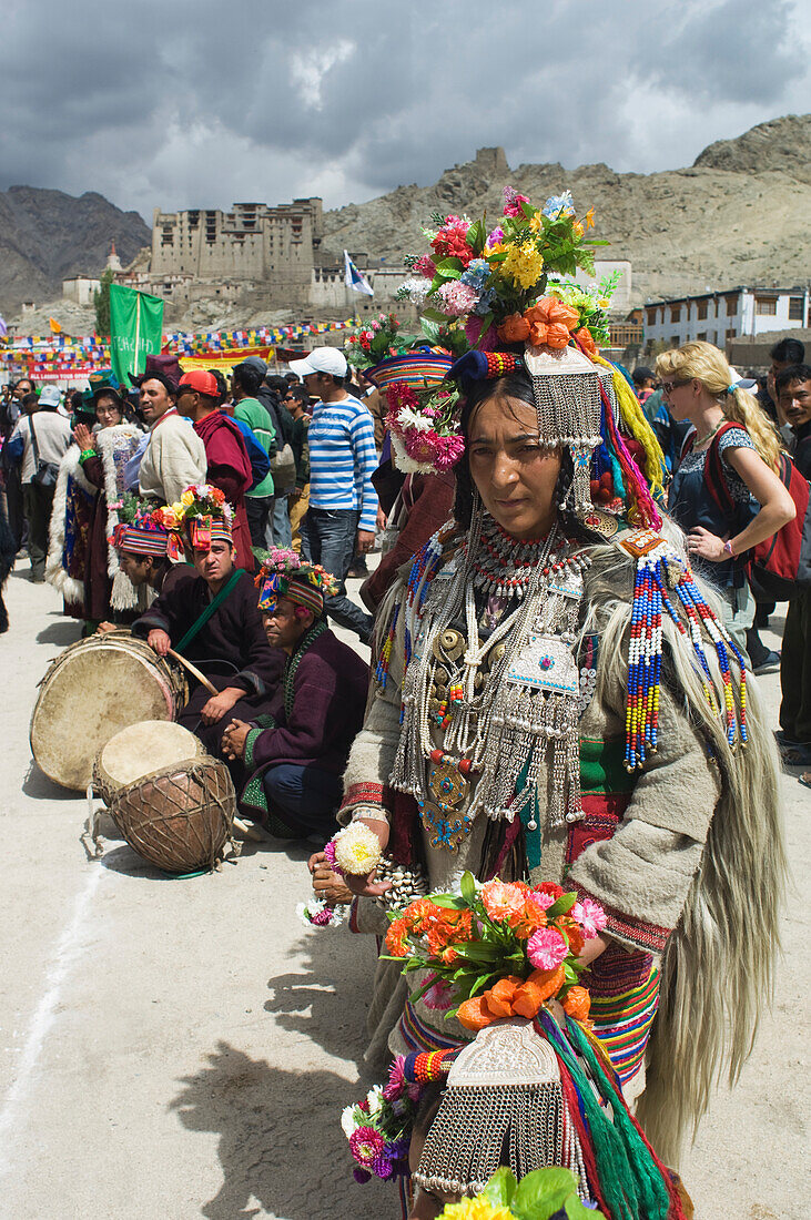 Woman of the Dard ethnic group during the opening parade of the Ladakh Festival. The Ladakh Festival is held every year in the first two weeks of September and celebrates local culture through dance and sport. Ladakh,Province of Jammu and Kashmir,Indi