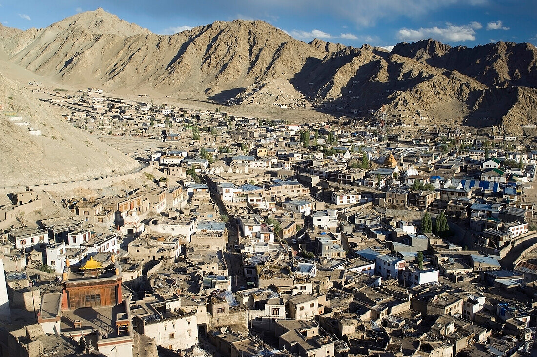 Blick vom Leh Palace über das alte Leh. Leh war die Hauptstadt des Himalaya-Königreichs Ladakh, des heutigen Distrikts Leh im indischen Bundesstaat Jammu und Kaschmir. Leh liegt auf einer Höhe von 3.500 Metern (11.483 ft).