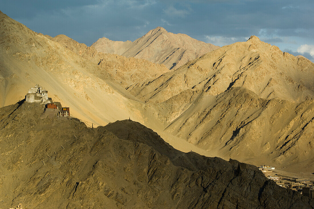 Namgyal Tsemo Gompa and fort. Leh was the capital of the Himalayan kingdom of Ladakh,now the Leh District in the state of Jammu and Kashmir,India. Leh is at an altitude of 3,500 meters (11,483 ft).