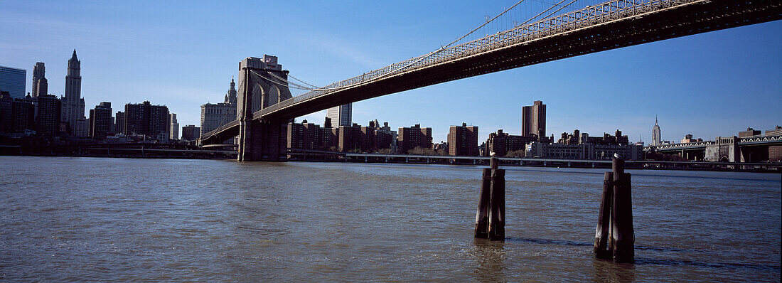 Usa,Looking Towards Midtown Manhattan And Empire State Building,New York City,Panoramic Shot Of Brooklyn Bridge