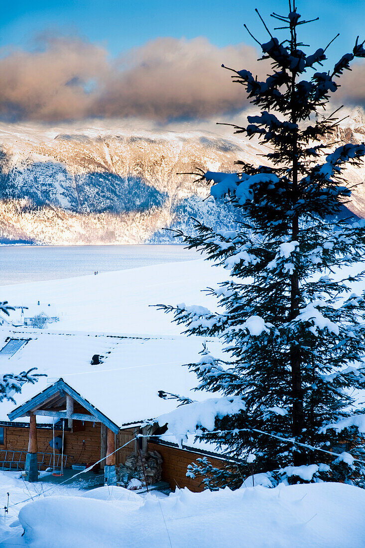 Norway,Sognefjord,log cabin on hillside overlooking valley and Fjord,Ortnevik,Snow covered alpine scenery