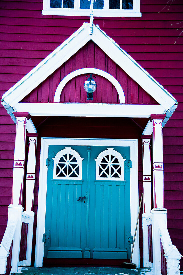 Norway,Sognefjord,winter/ snow,Ortnevik,in village,Traditional red Norwegian church