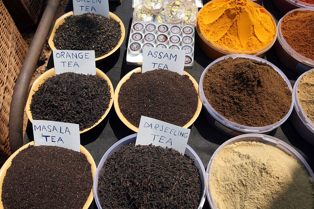 Tea for sale at world famous Anjuna Flea Market,held on Wednesdays on Anjuna Beach,Goa State,India,Asia.