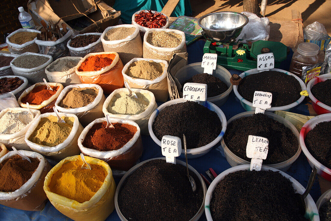 Spice and teas at world famous Anjuna Flea Market,held on Wednesdays on Anjuna Beach,Goa State,India,Asia.