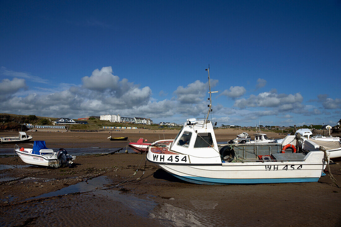 Pleasure Boats Beached At Low Tide,Bude,North Cornwall,England,Uk.