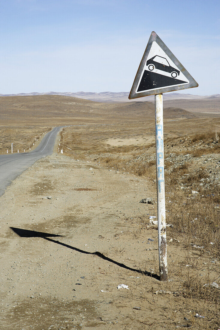 Road Sign On Road Between Ulaanbaatar And Karkhorin,Mongolia
