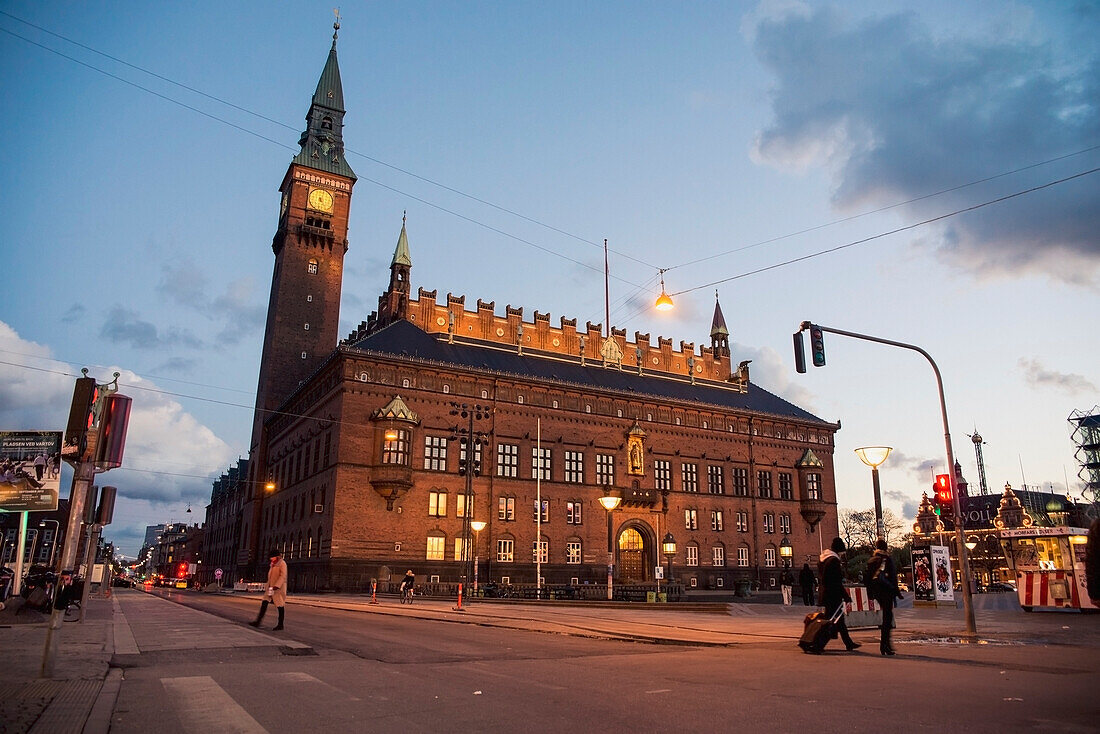 Denmark,View of city hall and square at dusk,Copenhagen