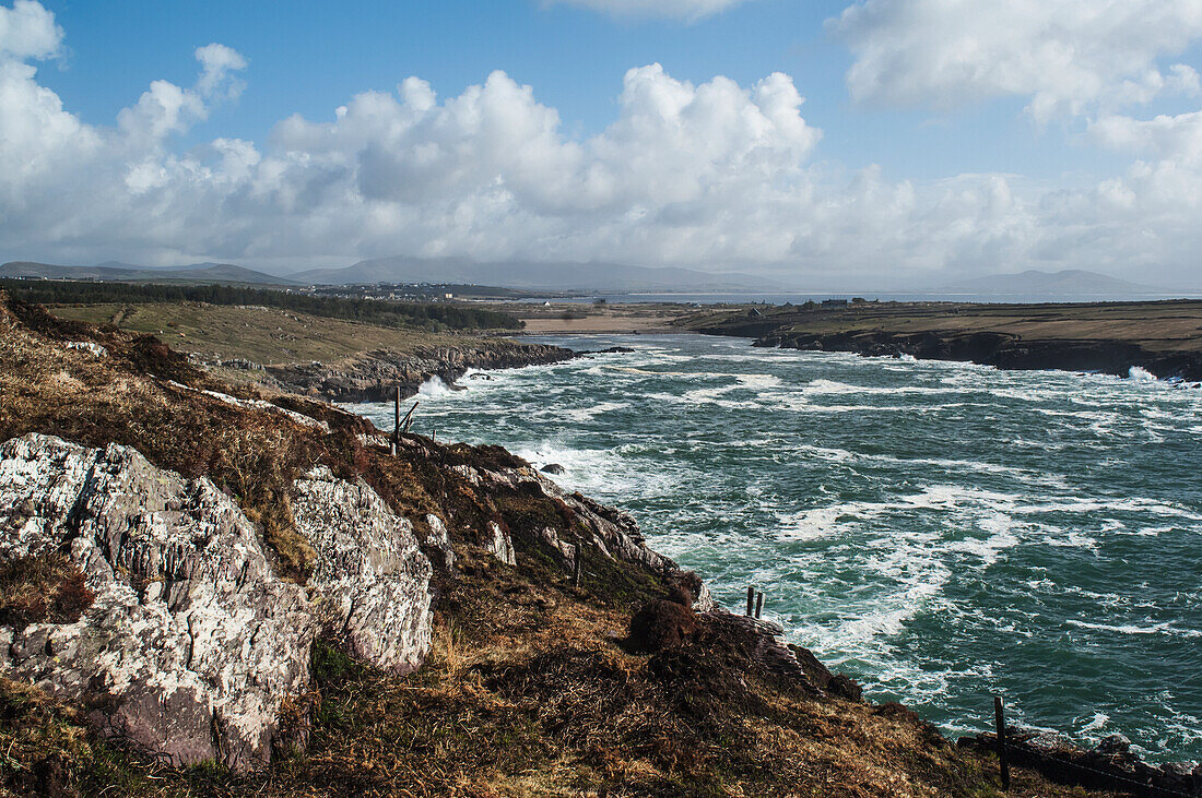 UK,Ireland,County Kerry,Ring of Skelligs,Ballinskelligs,Waves crashing against Bolus Head