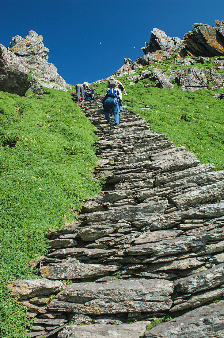 Touristen auf Wanderweg beim Aufstieg auf Skellig Michael, Skellig Islands, County Kerry, Irland, UK