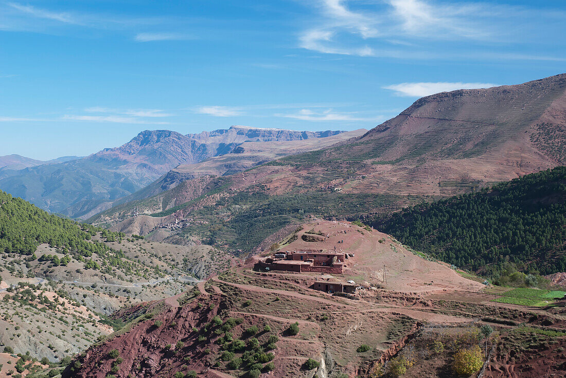 Morocco,High Atlas mountains landscape with berber house,High Atlas