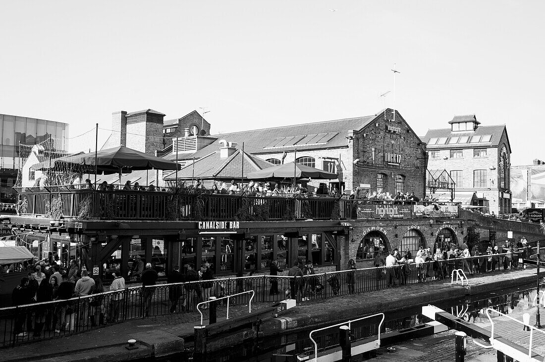 UK,England,Camden,London,People next to Hampstead Road Lock