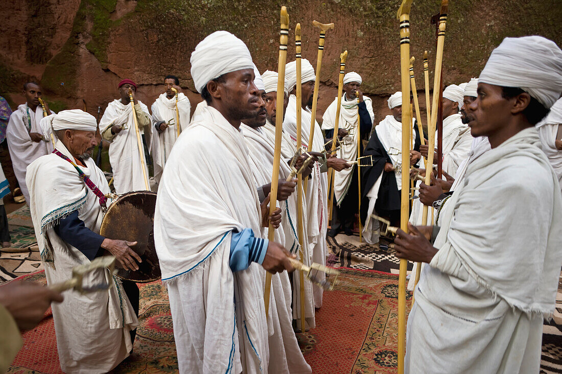 Ethiopia,Ethiopian Orthodox deacons wearing Shamma tunic in the courtyard of A