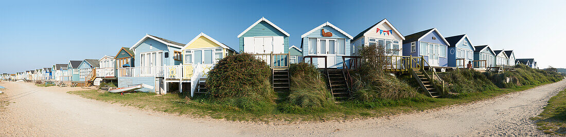 UK,Panoramic view of beach huts,Dorset