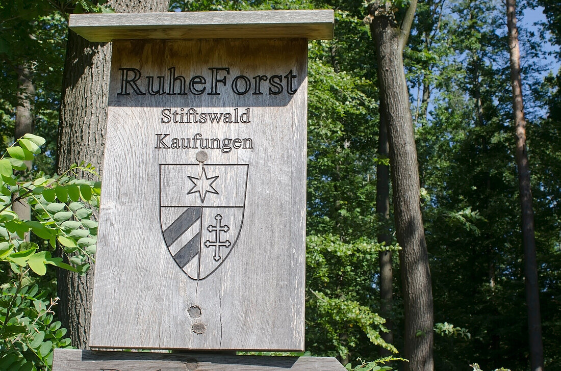 Germany,entrance of woods,Kaufungen,wooden sign posts,Ruhe Forst