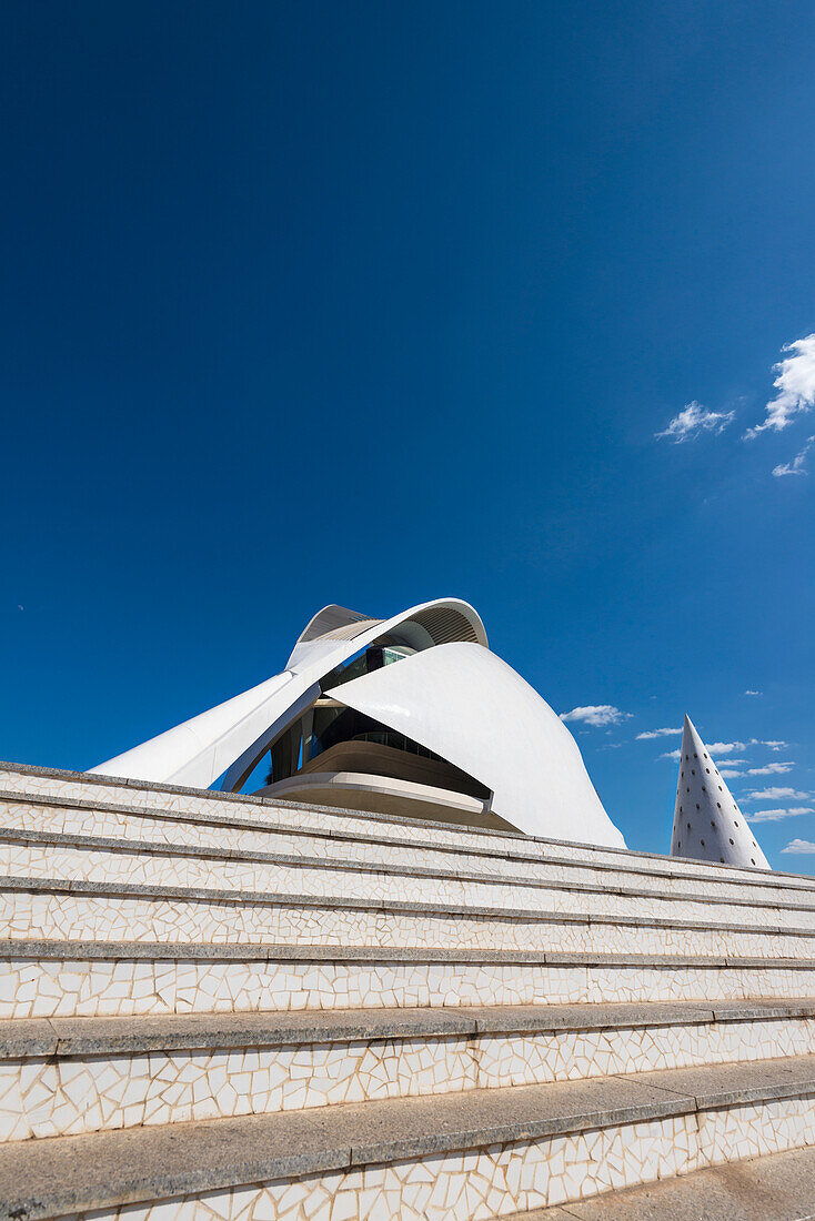 Blick auf die Stufen zum Palau De Les Arts Reina Sofia in der Ciudad De Las Artes Y Las Ciencias (Stadt der Künste und Wissenschaften), Valencia, Spanien