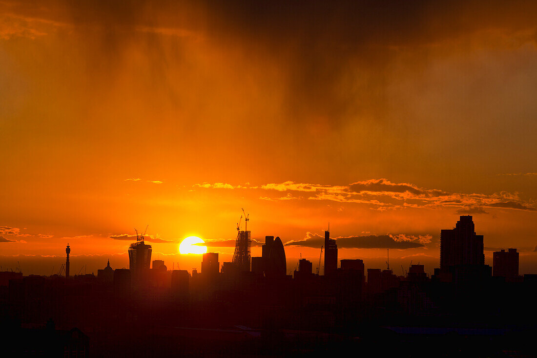 City Of London Skyline With Setting Sun,London,England,Uk