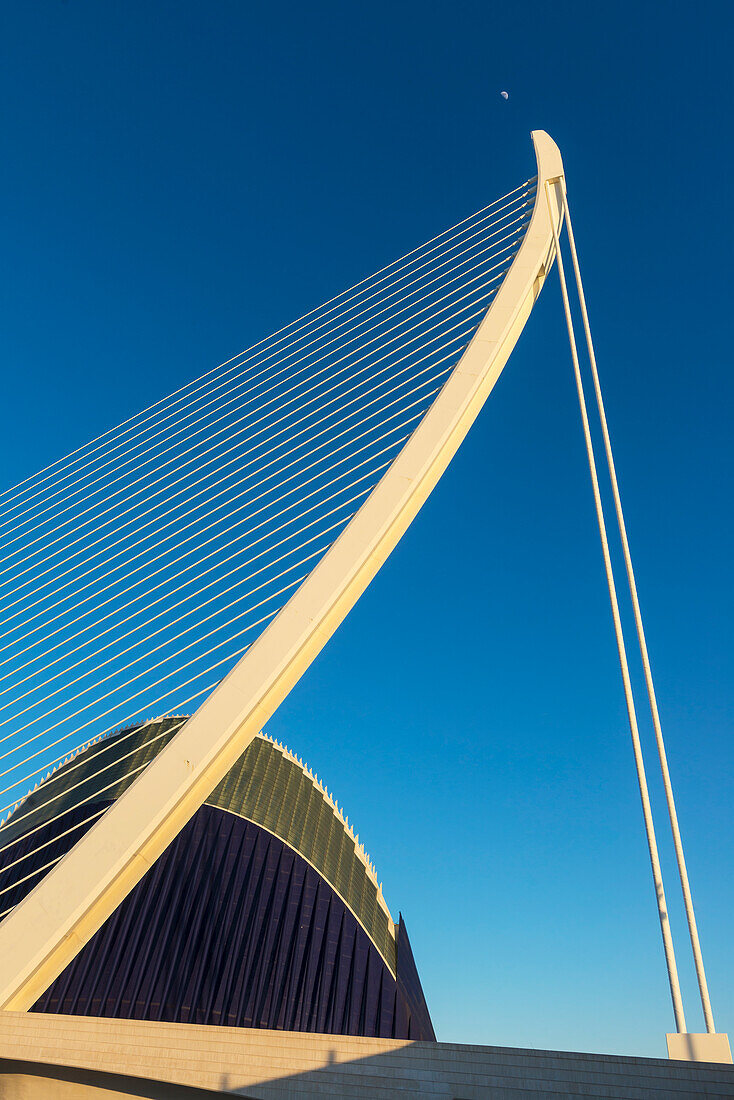 Mond über El Pont De L'assut De L'or und L'agora in Ciudad De Las Artes Y Las Ciencias (Stadt der Künste und Wissenschaften), Valencia, Spanien