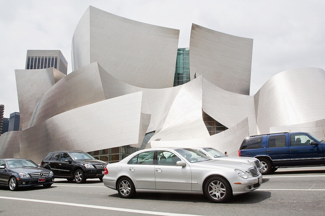 Cars Riding In Front Of Modern Building,California,Usa