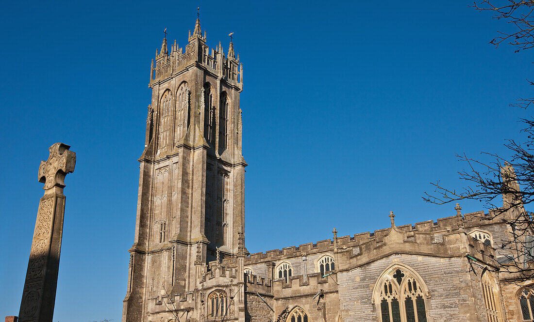 Facade Of Church With Cross On Monument,Glastonbury,Somerset,England