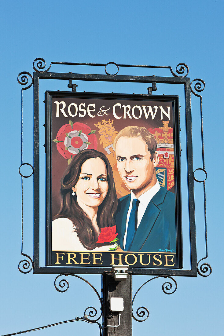 Prince William And Catherine,Duchess Of Cambridge Painted On Pub Sign At High Street,Tilshead,Wiltshire,England,Uk