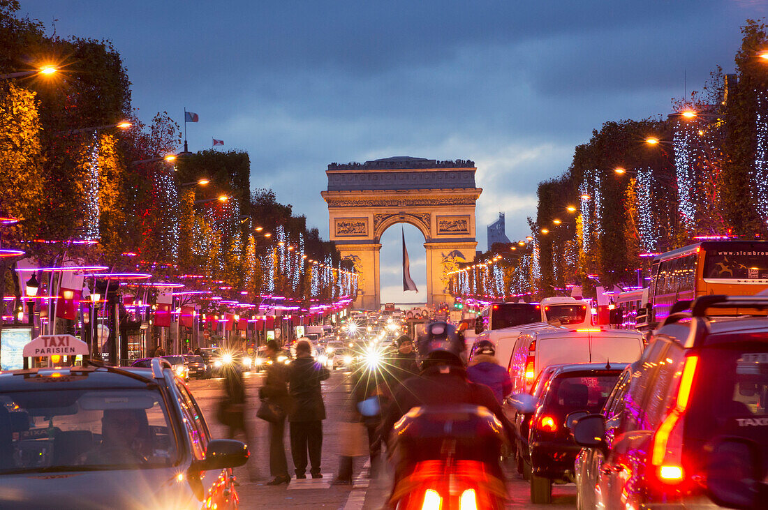 Champs Elysees And Arc De Triomphe At Dusk,Paris,France