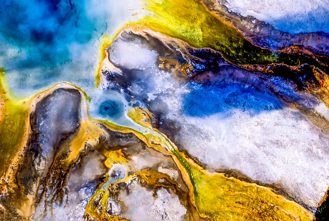 Aerial view of Rainbow Pool at Black Sand Basin Hot Springs in Yellowstone National Park,USA,Wyoming,United States of America