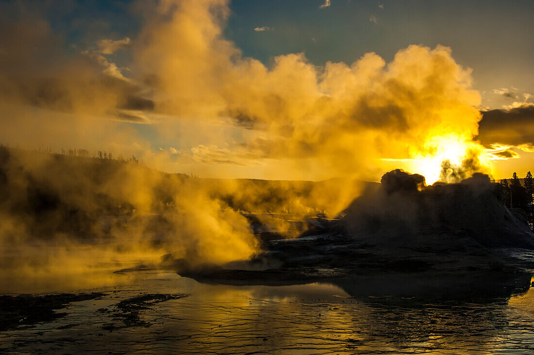 Golden sunlight illuminates steam from the Castle Geyser in Yellowstone National Park,USA,Wyoming,United States of America