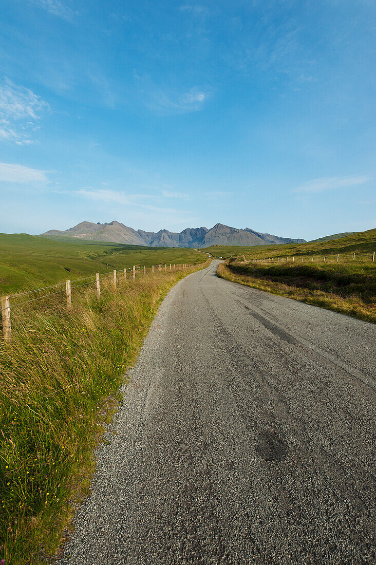 Looking Along The Road Between Carbost And Glen Brittle Towards The Black Cuillin,Isle Of Skye,Scotland