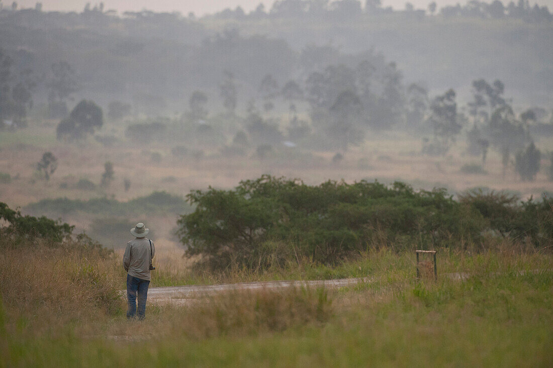 Mann steht allein und bewundert die Landschaft im Queen Elizabeth National Park in Uganda,Afrika,Uganda