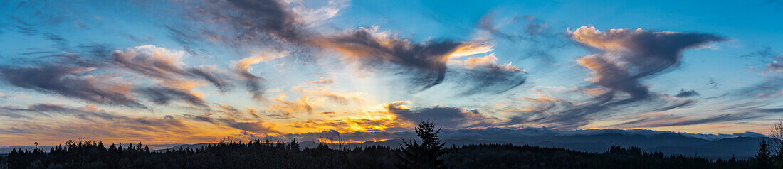 Panorama eines Sonnenuntergangs mit verträumten Virga-Wolken über den Black Hills, Capitol State Forest in der Nähe von Olympia, Washington, USA, Washington, Vereinigte Staaten von Amerika