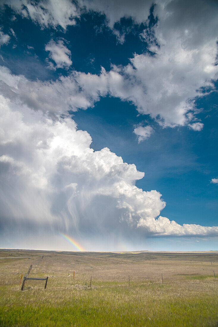 Riesige Gewitterwolke, die Regen und Hagel auf die Prärie im Südosten Wyomings schüttet und einen wunderbaren Regenbogen für die Menschen auf dieser Seite des Sturms bietet, Chugwater, Wyoming, Vereinigte Staaten von Amerika