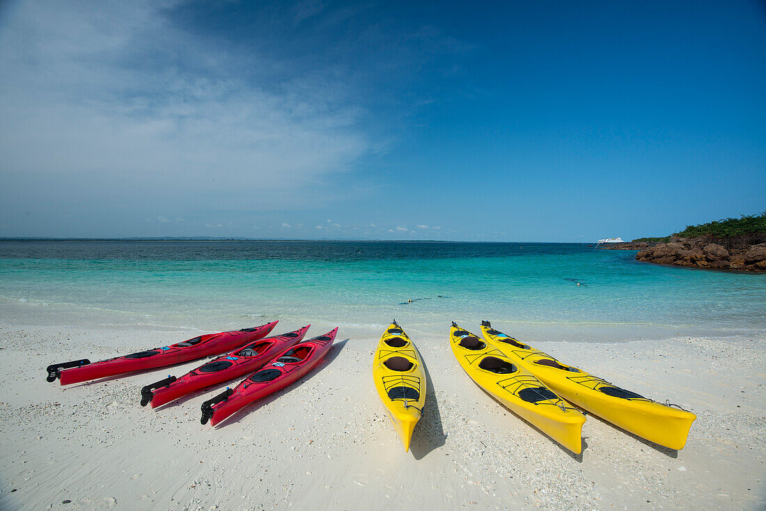 Sea kayaks resting on the beach on Isla Iguana,Isla Iguana,Panama