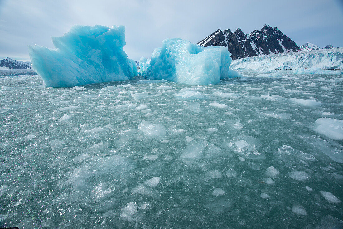 Packeis an der Klippe des Monacobreen-Gletschers, Spitzbergen, Svalbard, Norwegen